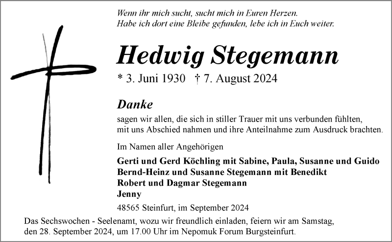  Traueranzeige für Hedwig Stegemann vom 21.09.2024 aus 