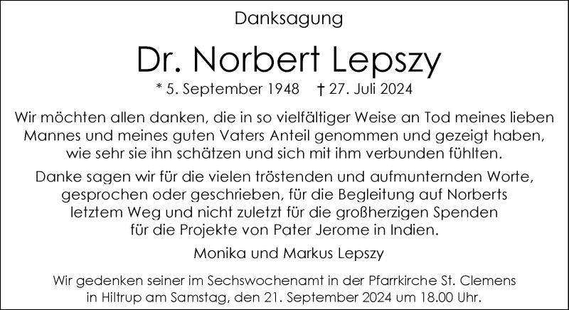  Traueranzeige für Dr. Norbert Lepszy vom 07.09.2024 aus 