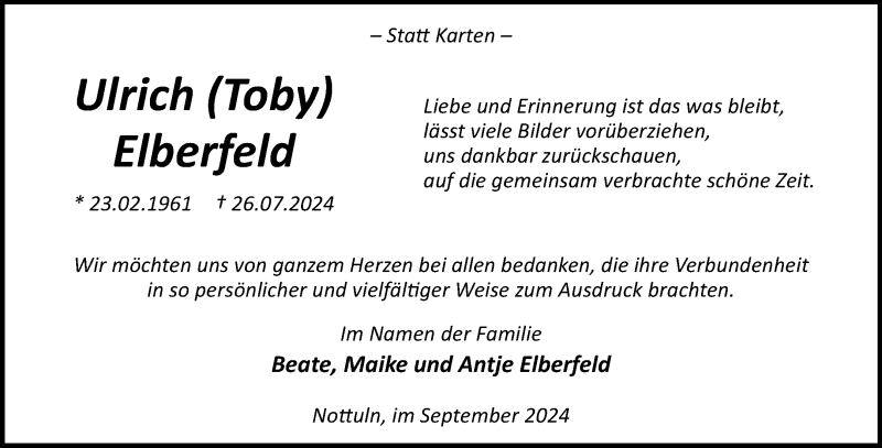  Traueranzeige für Ulrich Elberfeld vom 07.09.2024 aus 