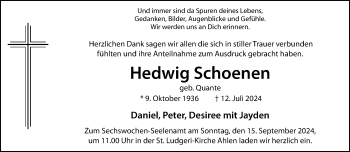 Anzeige von Hedwig Schoenen 