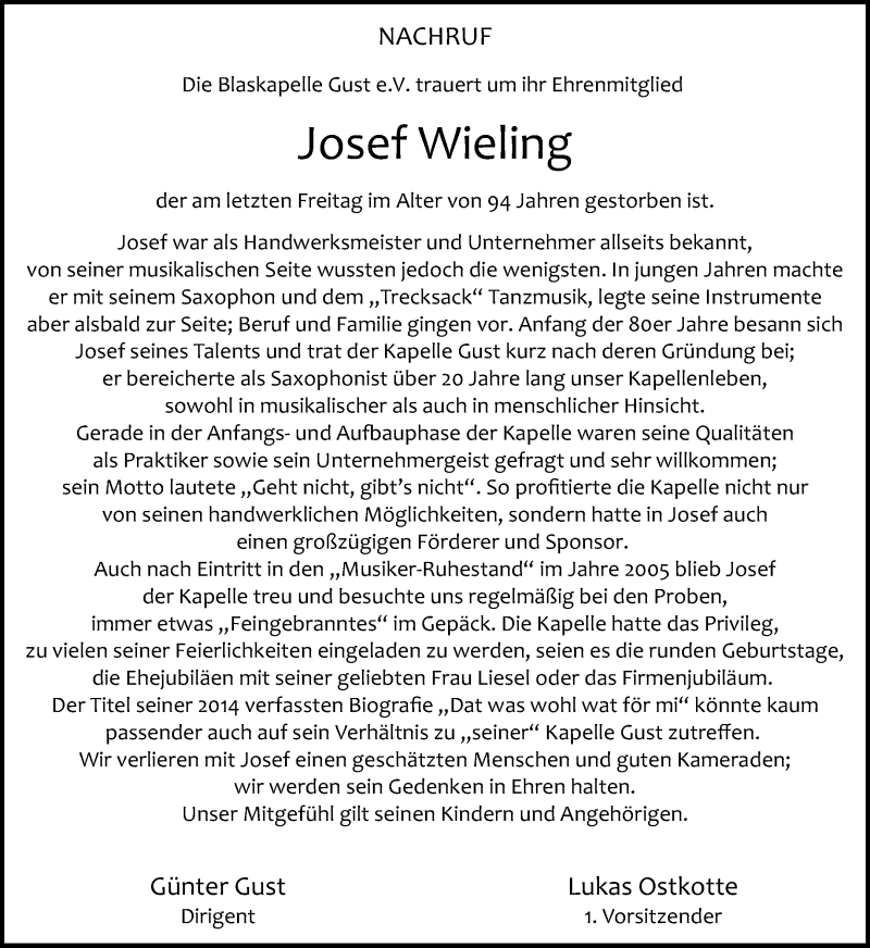  Traueranzeige für Josef Wieling vom 05.09.2024 aus 
