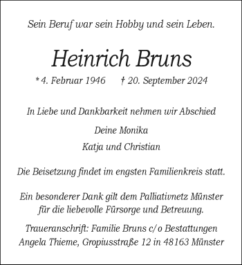 Anzeige von Heinrich Bruns 