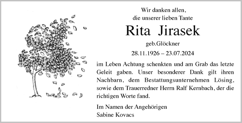 Traueranzeige für Rita Jirasek vom 14.09.2024 aus 