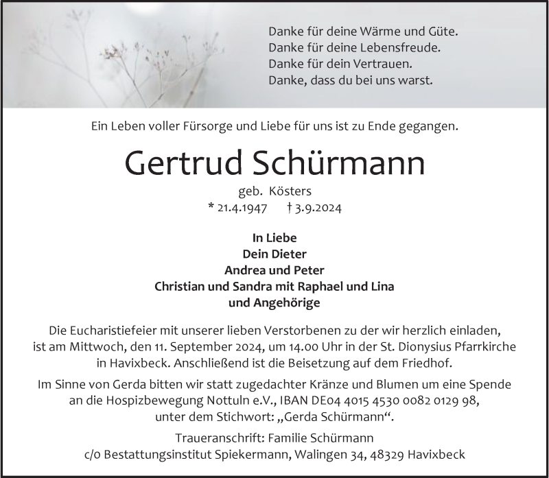  Traueranzeige für Gertrud Schürmann vom 07.09.2024 aus 