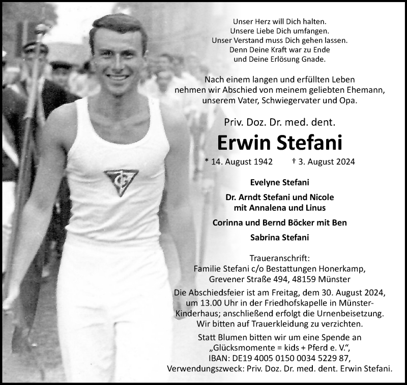  Traueranzeige für Priv. Doz. Dr. med. dent. Erwin Stefani vom 24.08.2024 aus 