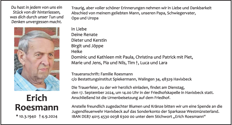  Traueranzeige für Erich Roesmann vom 11.09.2024 aus 
