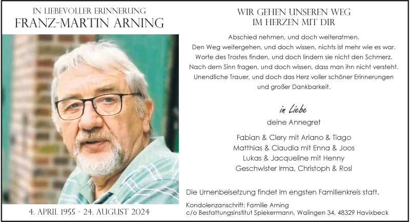  Traueranzeige für Franz-Martin Arning vom 31.08.2024 aus 