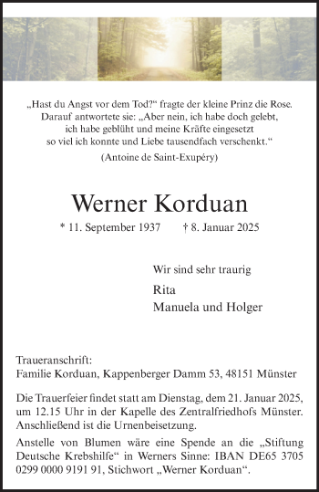 Anzeige von Werner Korduan 