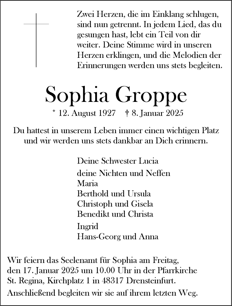  Traueranzeige für Sophia Groppe vom 14.01.2025 aus 