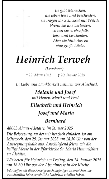 Anzeige von Heinrich Terweh 