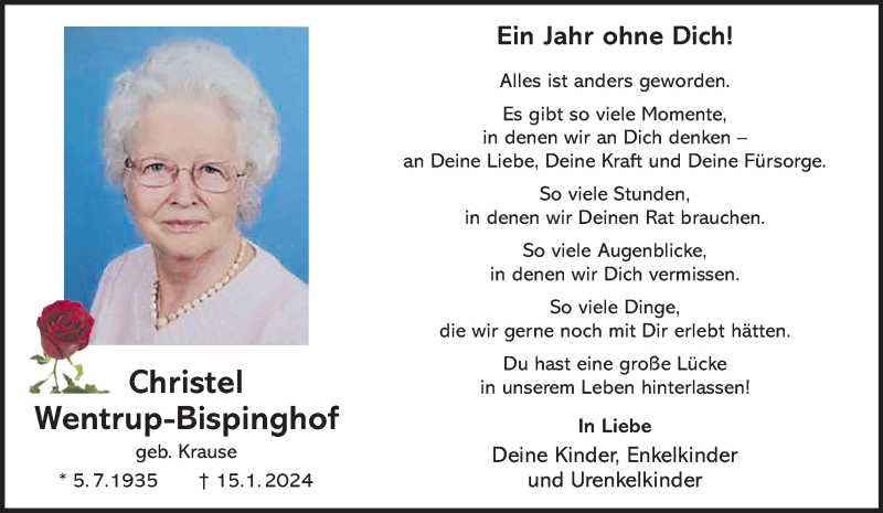  Traueranzeige für Christel Wentrup-Bispinghof vom 15.01.2025 aus 