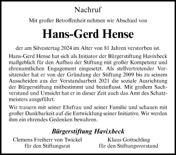 Anzeige von Hans-Gerd Hense 