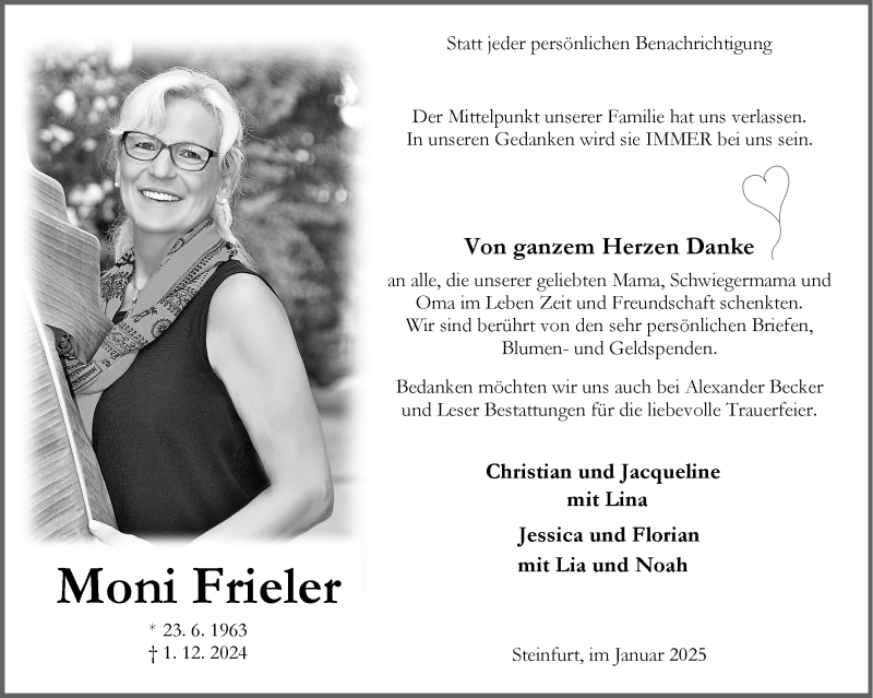  Traueranzeige für Moni Frieler vom 25.01.2025 aus 