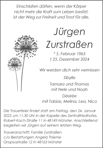 Anzeige von Jürgen Zurstraßen 