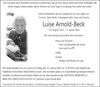 Anzeige von Luise Arnold-Beck 