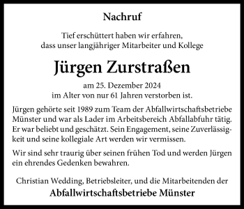 Anzeige von Jürgen Zurstraßen 