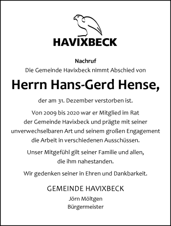 Anzeige von Hans-Gerd Hense 