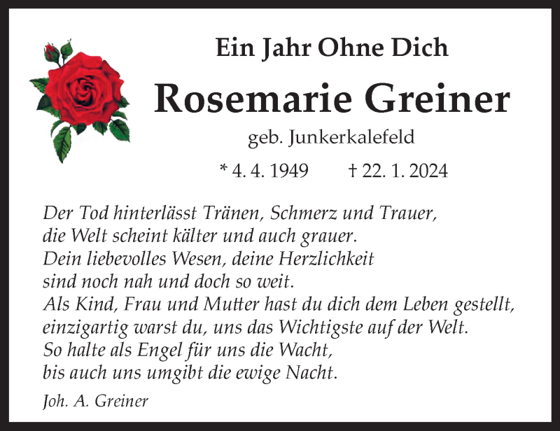  Traueranzeige für Rosemarie Greiner vom 22.01.2025 aus 