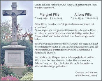 Anzeige von Margret und Alfons Pille 