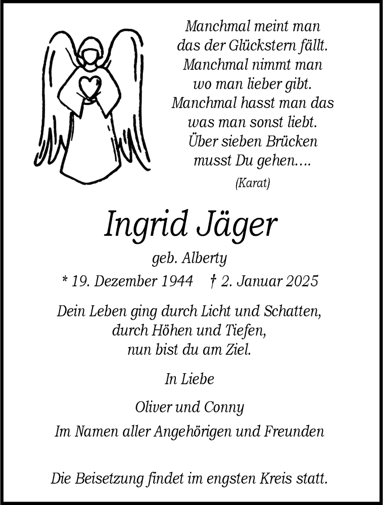  Traueranzeige für Ingrid Jäger vom 11.01.2025 aus 