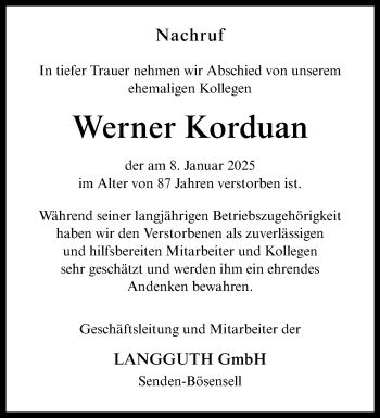 Anzeige von Werner Korduan 