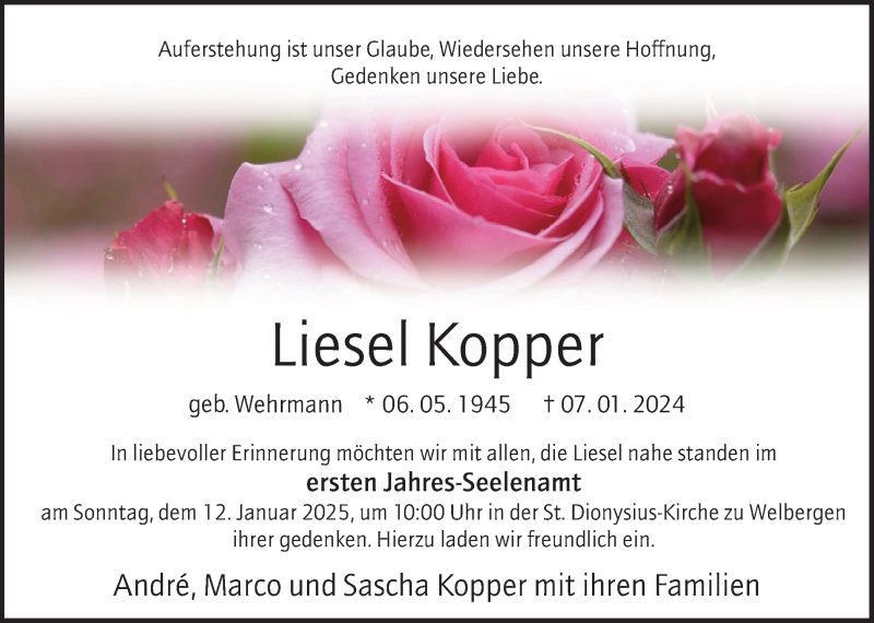  Traueranzeige für Liesel Kopper vom 06.01.2025 aus 