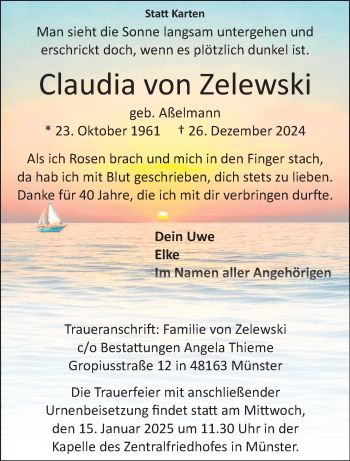 Anzeige von Claudia von Zelewski 