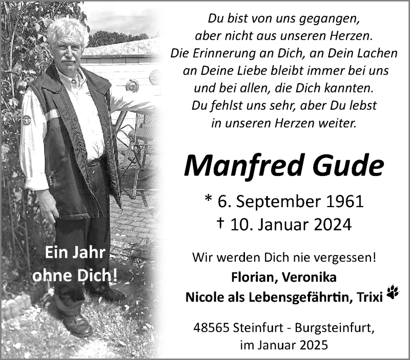  Traueranzeige für Manfred Gude vom 10.01.2025 aus 