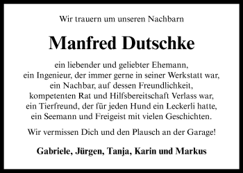 Anzeige von Manfred Dutschke 