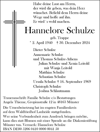 Anzeige von Hannelore Schulze 