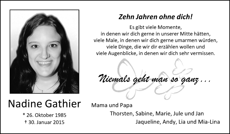  Traueranzeige für Nadine Gathier vom 29.01.2025 aus 
