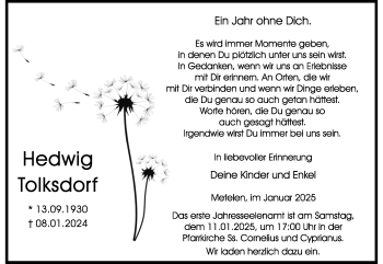 Anzeige von Hedwig Tolksdorf 