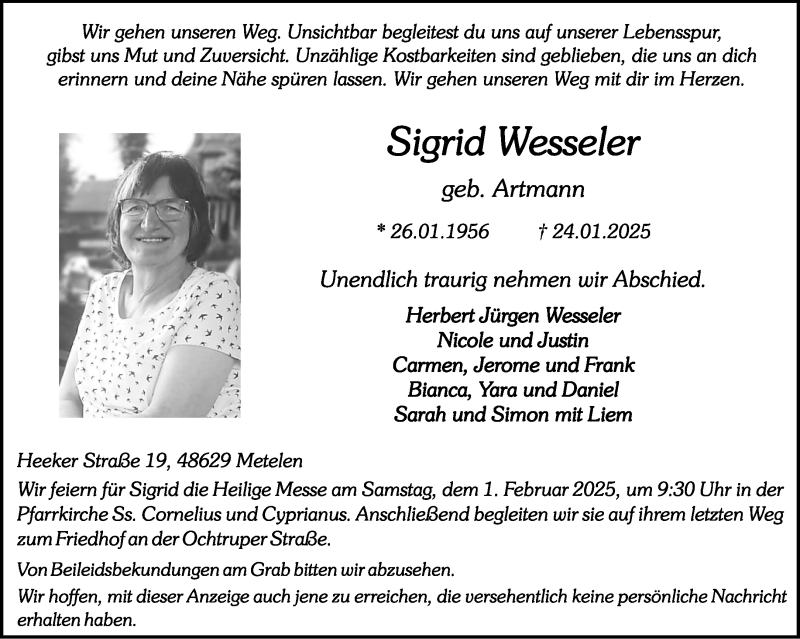  Traueranzeige für Sigrid Wesseler vom 30.01.2025 aus 