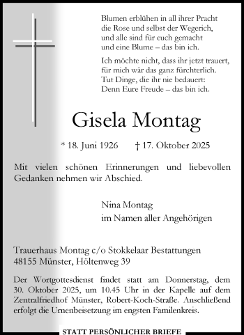 Anzeige von Gisela Montag 