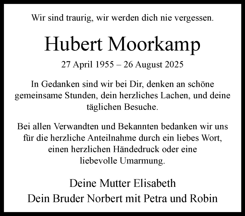  Traueranzeige für Hubert Moorkamp vom 31.10.2025 aus 