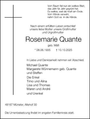 Anzeige von Rosemarie Quante 