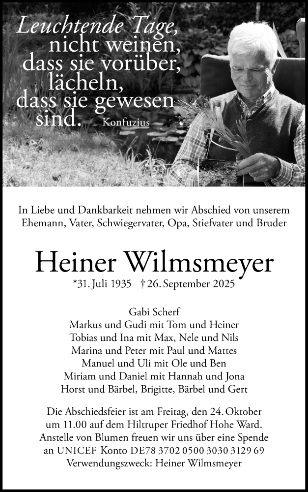  Traueranzeige für Heiner Wilmsmeyer vom 11.10.2025 aus 