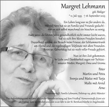 Anzeige von Margret Lehmann 