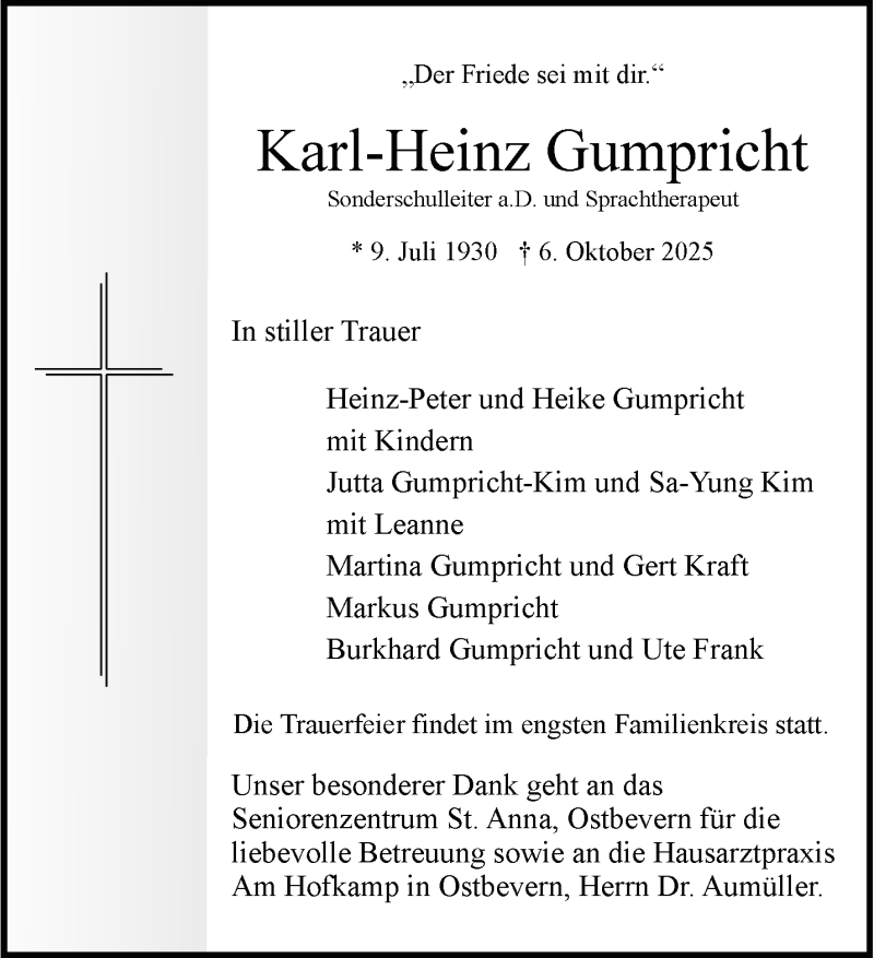  Traueranzeige für Karl-Heinz Gumpricht vom 15.10.2025 aus 