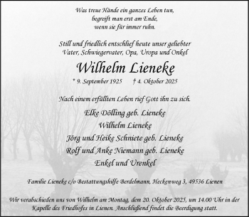 Anzeige von Wilhelm Lieneke 