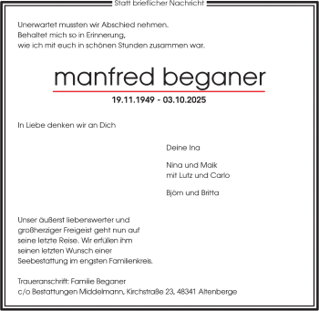 Anzeige von Manfred Beganer 