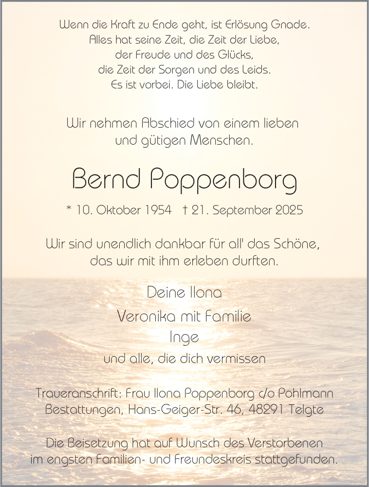  Traueranzeige für Bernd Poppenborg vom 08.10.2025 aus 