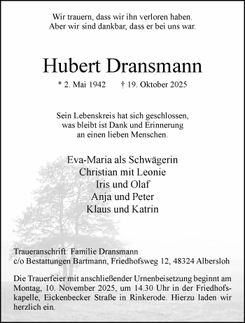 Anzeige von Hubert Dransmann 