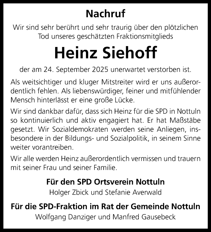  Traueranzeige für Heinz Siehoff vom 08.10.2025 aus 