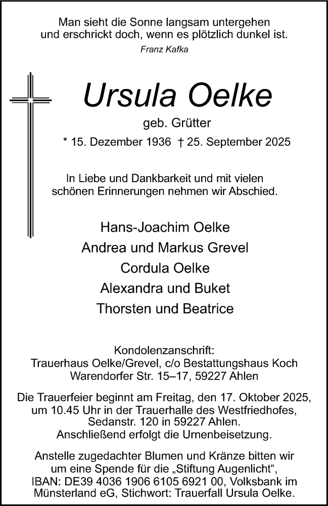  Traueranzeige für Ursula Oelke vom 04.10.2025 aus 