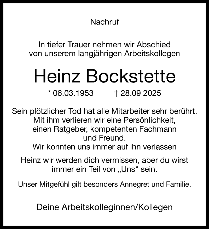  Traueranzeige für Heinz Bockstette vom 04.10.2025 aus 