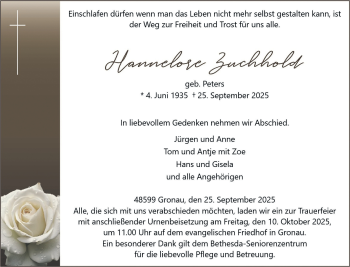Anzeige von Hannelore Zuchhold 