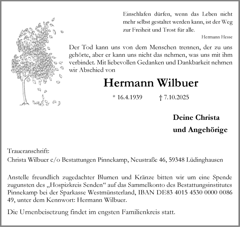  Traueranzeige für Hermann Wilbuer vom 15.10.2025 aus 