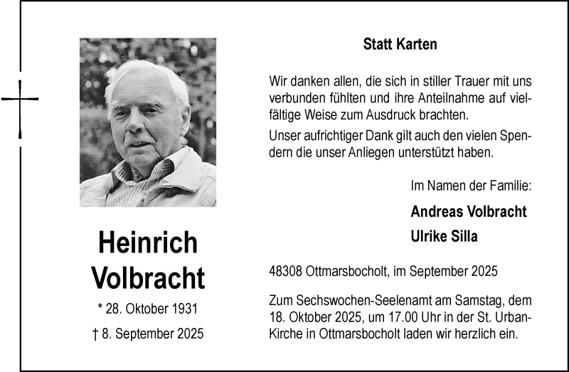  Traueranzeige für Heinrich Volbracht vom 11.10.2025 aus 