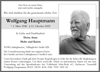 Anzeige von Wolfgang Hauptmann 